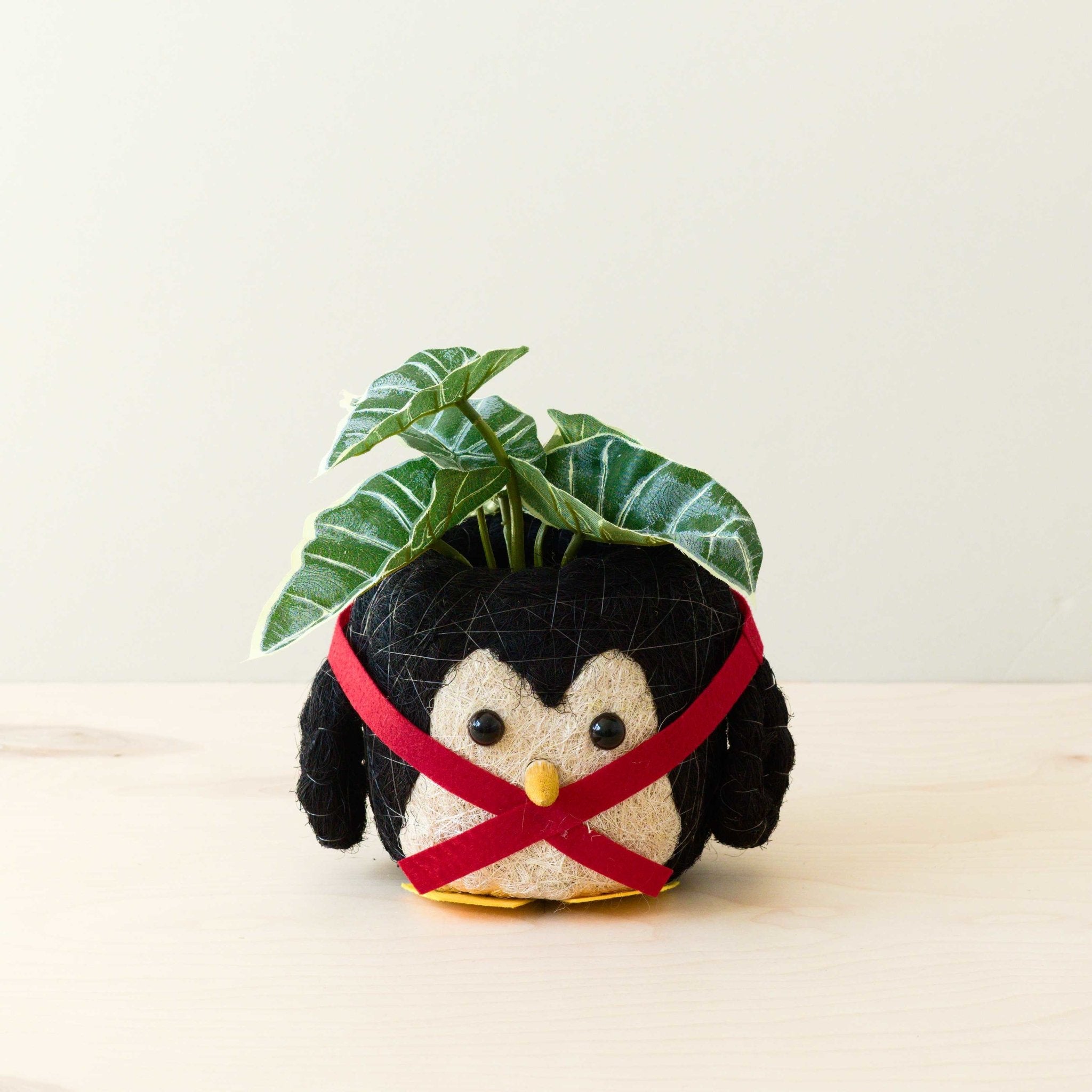 Penguin-shaped planter with a plant on a light background