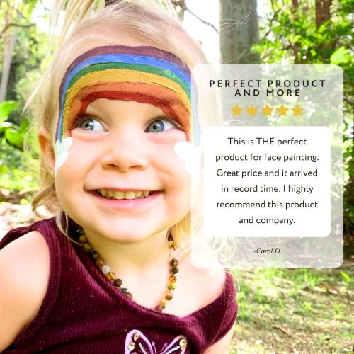 Child wearing a rainbow face paint with a five-star review overlay