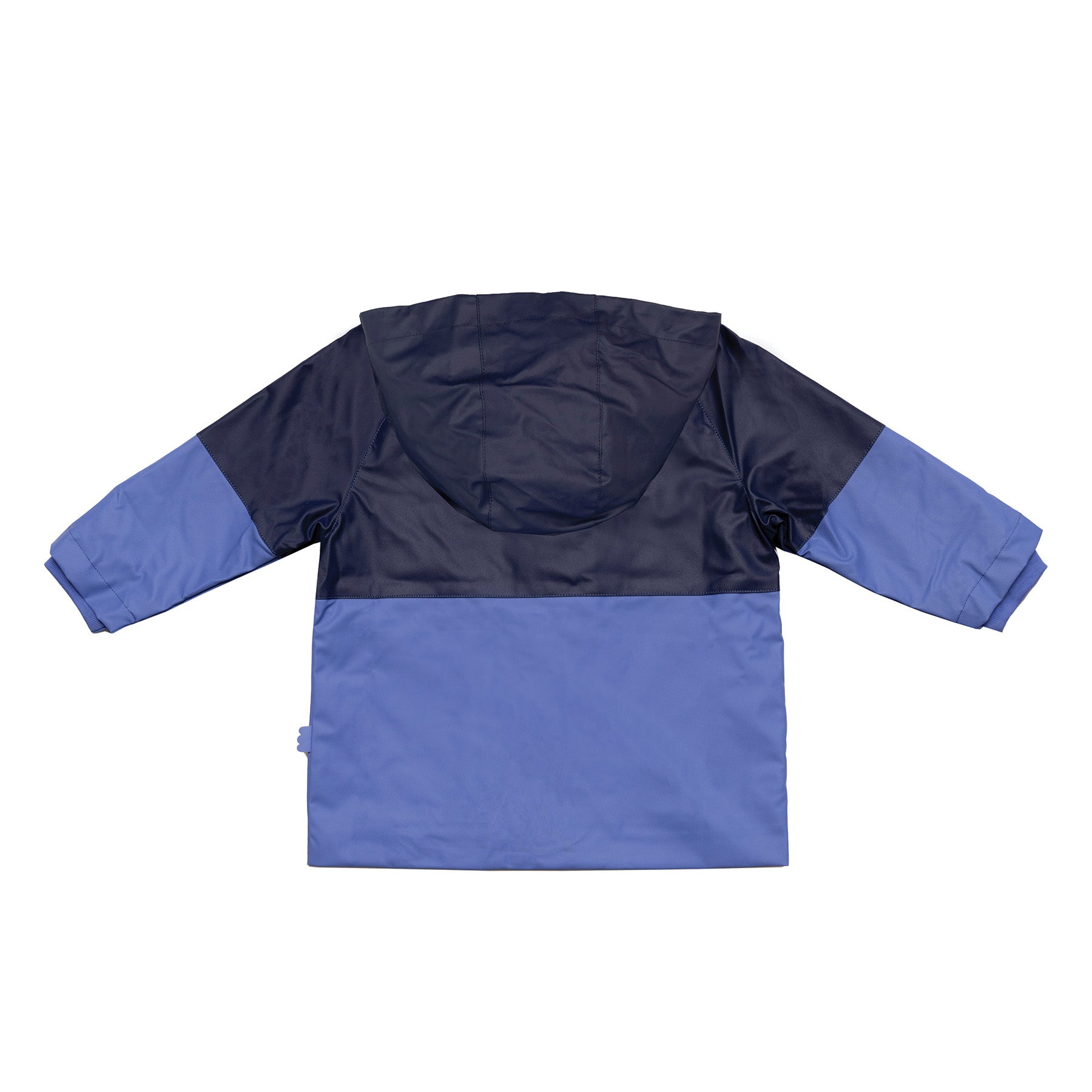 Mon Coeur Colorblock Raincoat! Eco-friendly rainwear for kids. Made from 100% recycled polyester. Water-resistant, wind-resistant, insulated. Peri blue & navy. 