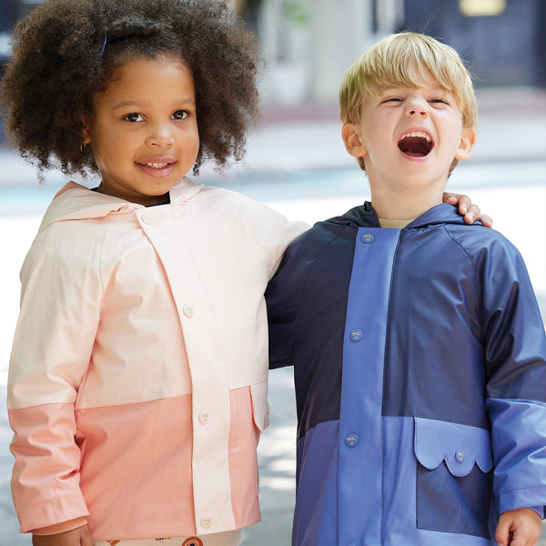 Mon Coeur Colorblock Raincoat! Eco-friendly rainwear for kids. Made from 100% recycled polyester. Water-resistant, wind-resistant, insulated. Peri blue & navy. 