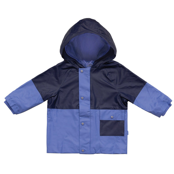 Mon Coeur Colorblock Raincoat! Eco-friendly rainwear for kids. Made from 100% recycled polyester. Water-resistant, wind-resistant, insulated. Peri blue & navy. 