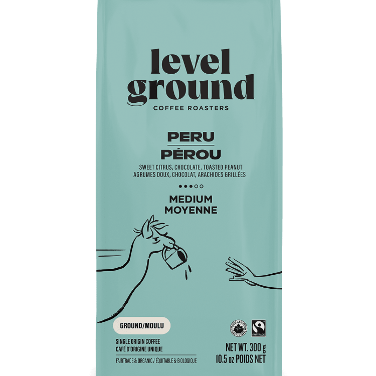 Close-up of Ethical Trade Co Peruvian medium roast coffee packaging showing single origin and organic certifications