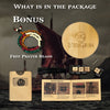 Package contents collage for a Viking-themed prayer beads set, showing a round bamboo plaque engraved with 'VG KINGSWAY', several prayer beads, a kraft paper pouch, a black cylindrical accessory, small rectangular accessories, and an instruction booklet over a dark Viking ship background.