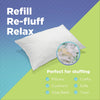 White pillow on a green and blue background with text 'Refill Re-fluff Relax' and a close-up of stuffing.