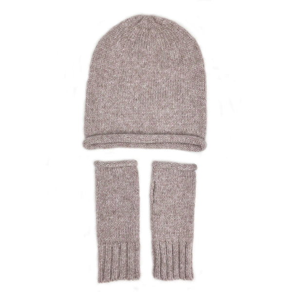 Gray knit beanie and scarf set on a white background