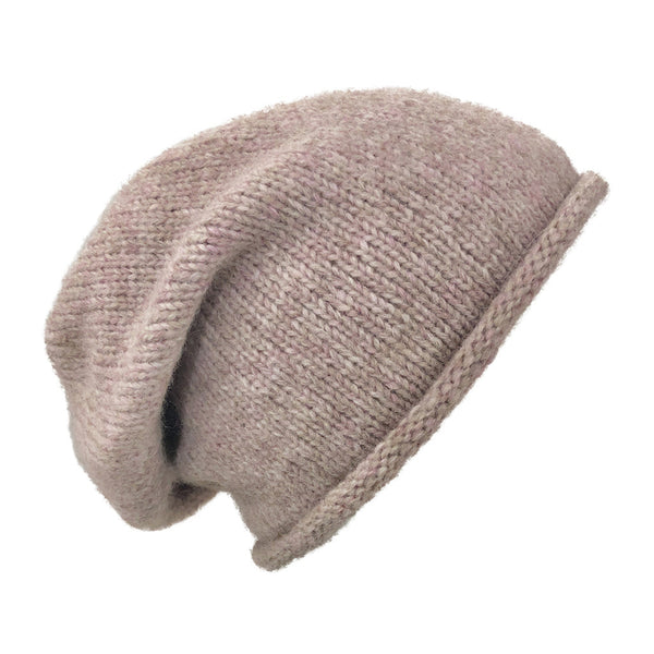 Beige knit beanie on a white background
