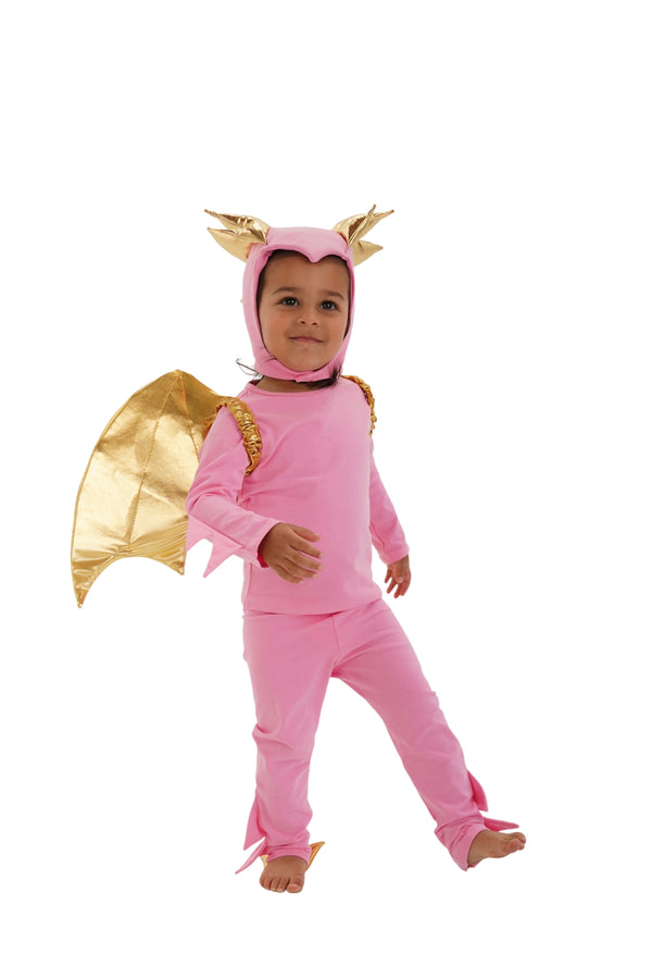 Toddler and child wearing the Pink Sky Dragon costume together