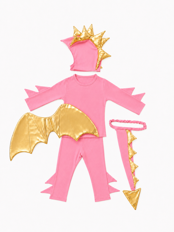 Pink Sky Dragon costume set laid out showing wings, horns, and tail
