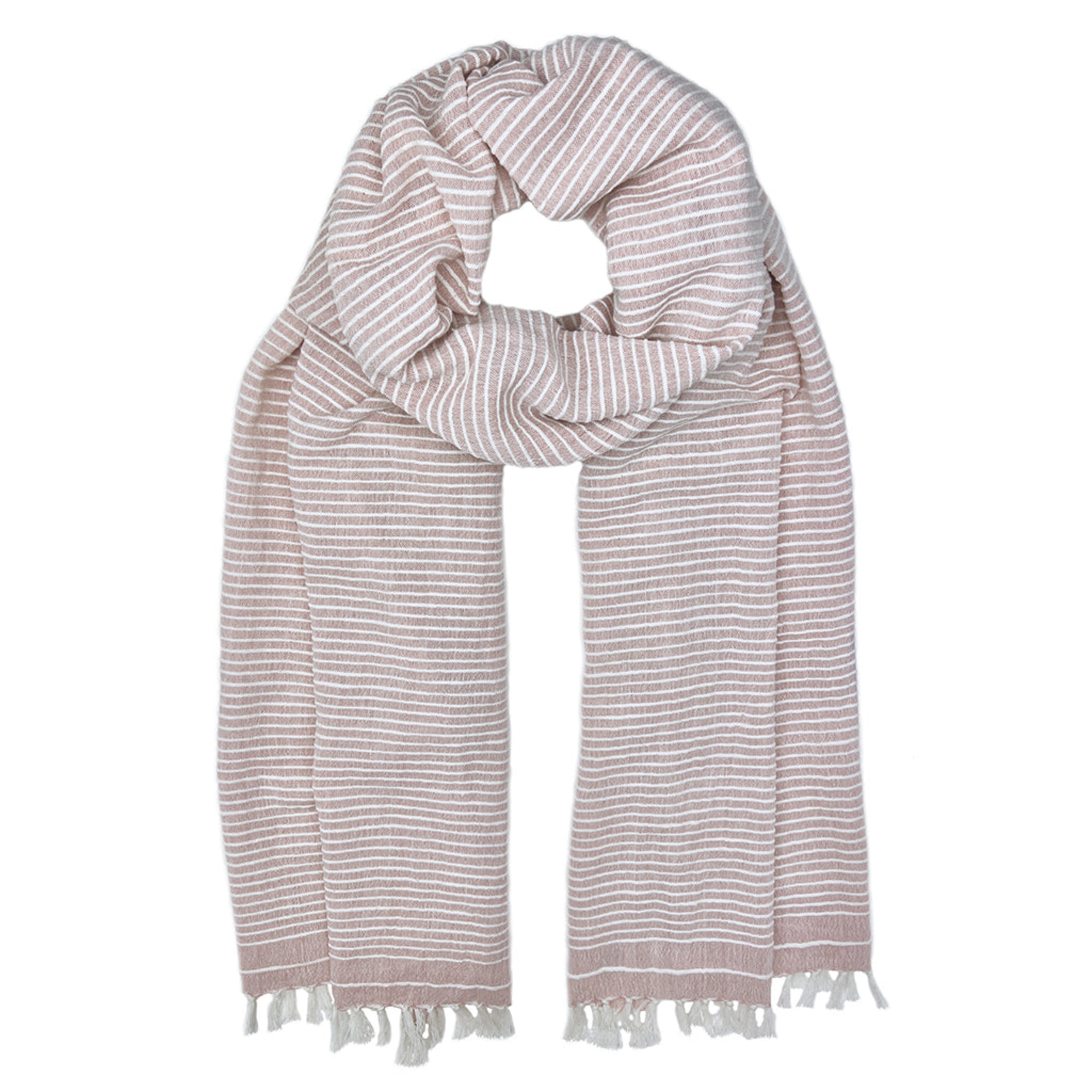 Striped cotton scarf with tassels on a white background