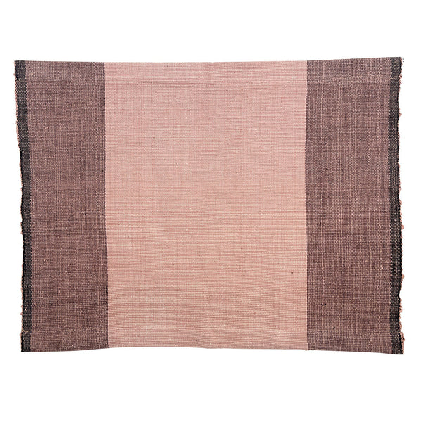 Rectangular rug with a striped pattern of brown and pink on a white background