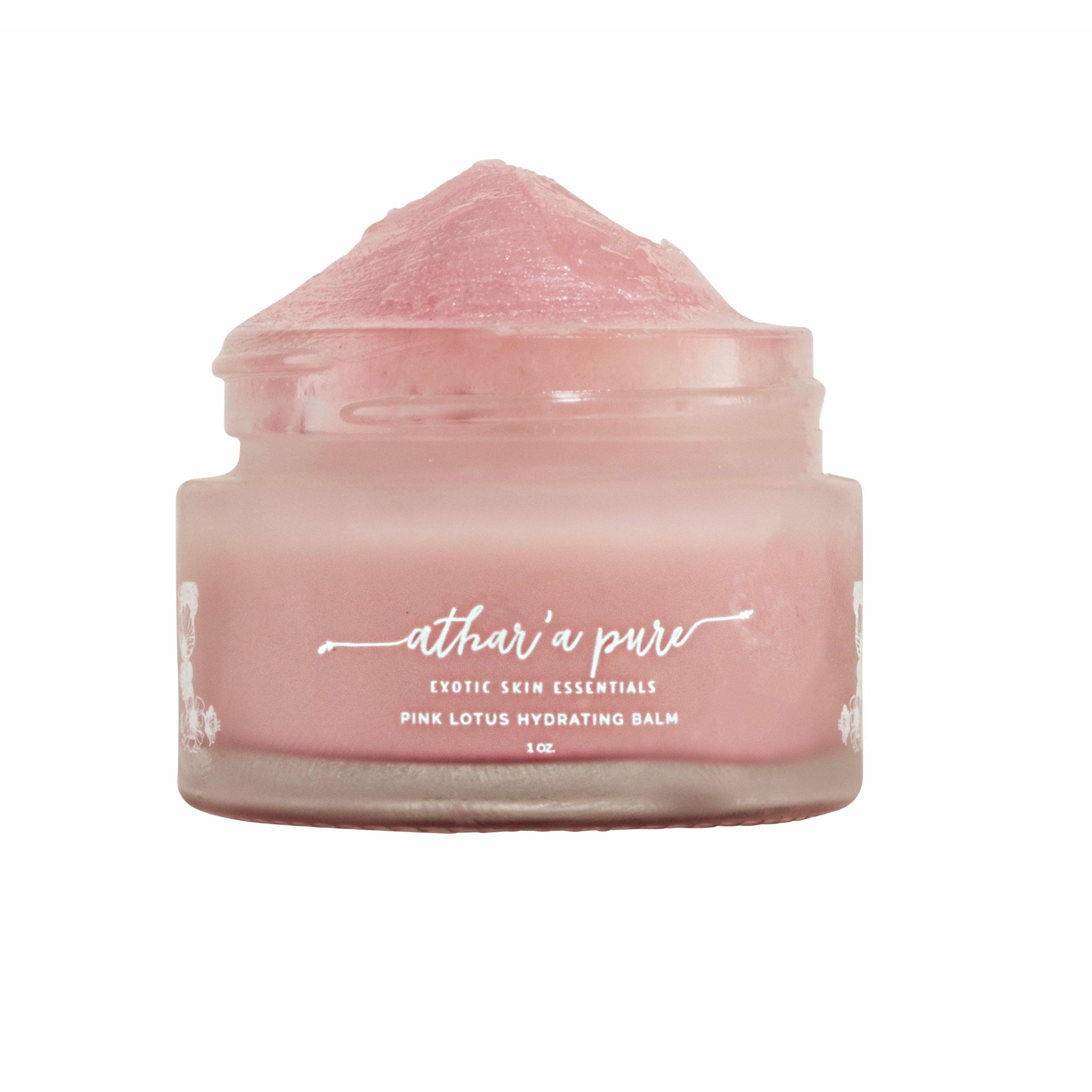 A 1oz glass jar of Athar'a Pure Pink Lotus Hydrating Balm with the balm visible at the top of the jar.