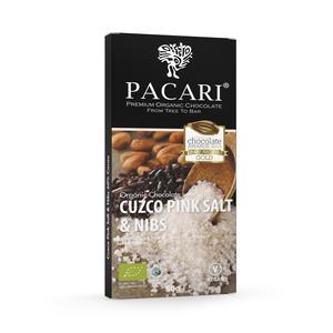 Pacari Cuzco Pink Salt & Nibs chocolate packaging on a white background