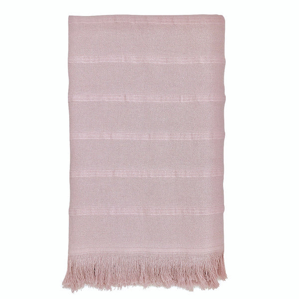 Pink textured rug with fringes on a white background