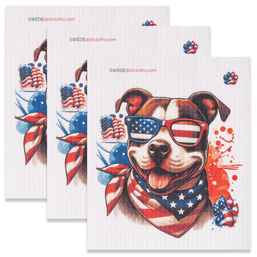 Set of 3 patriotic pit bull Swedish dishcloths laid flat, showing full eco-friendly print design