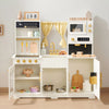 Close-up detail of the Tiny Land wooden play kitchen showing click-clack knobs, sink and utensil rack