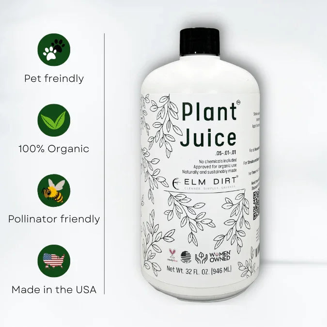 Bottle of Plant Juice with certification icons on a white background