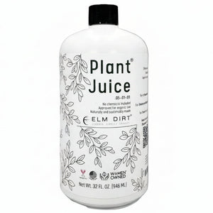 Elm Dirt Plant Juice 32oz organic liquid fertilizer bottle with certification icons on a white background
