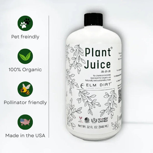 Bottle of Plant Juice with certification icons on a white background