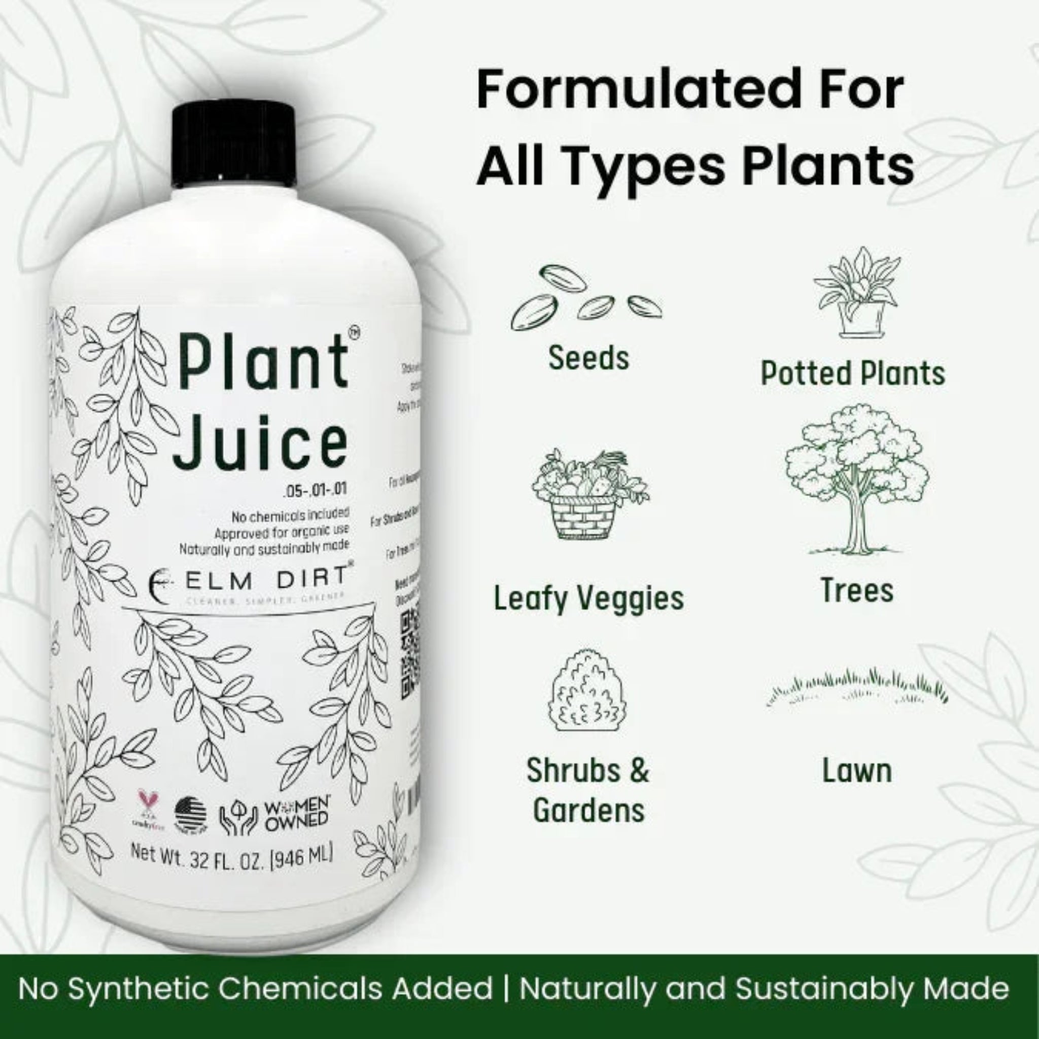 Bottle of Plant Juice with illustrations of plant types on a white background