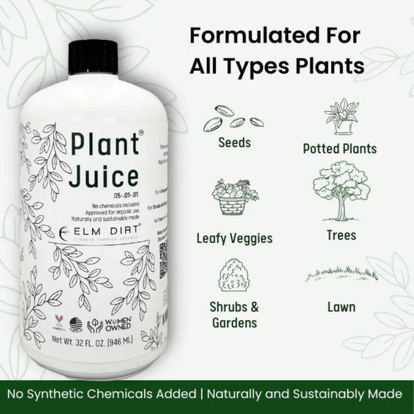 Bottle of Plant Juice with illustrations of plant types on a white background