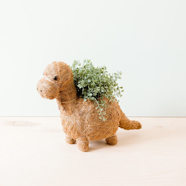 Dog-shaped planter with greenery on a white background