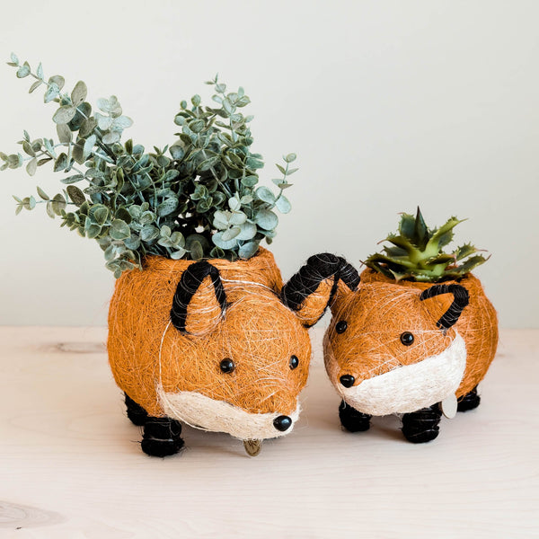 Two fox-shaped planters with plants inside on a light background