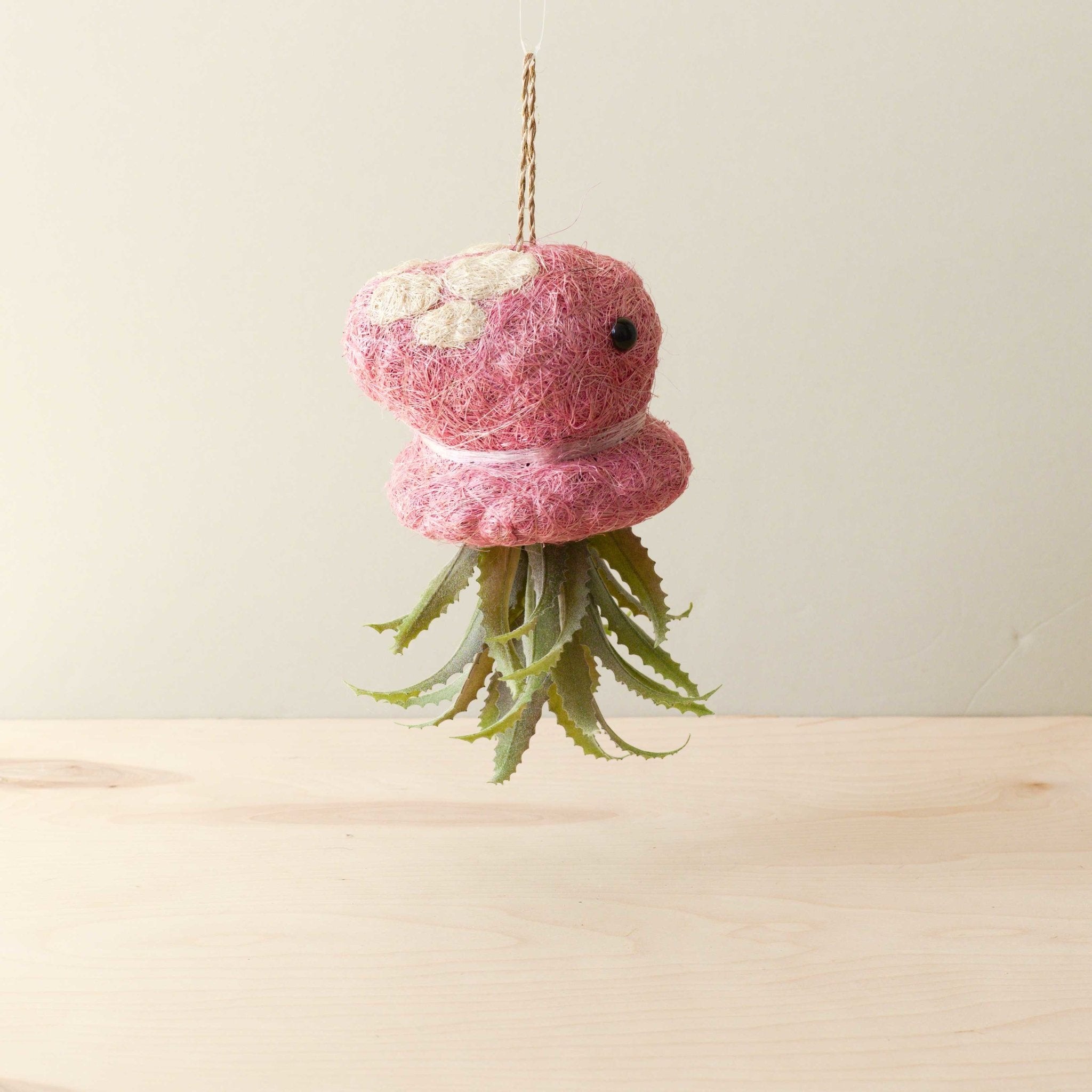 Pink felted succulent plant on a wooden surface with a light background