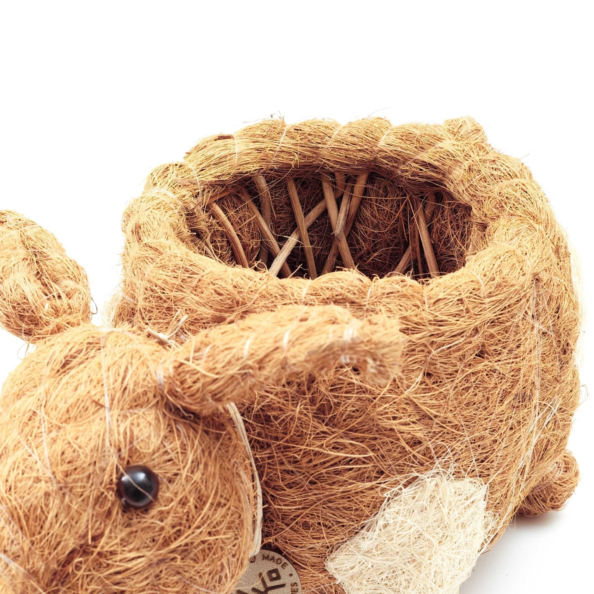 Coconut fiber mouse-shaped basket on a white background