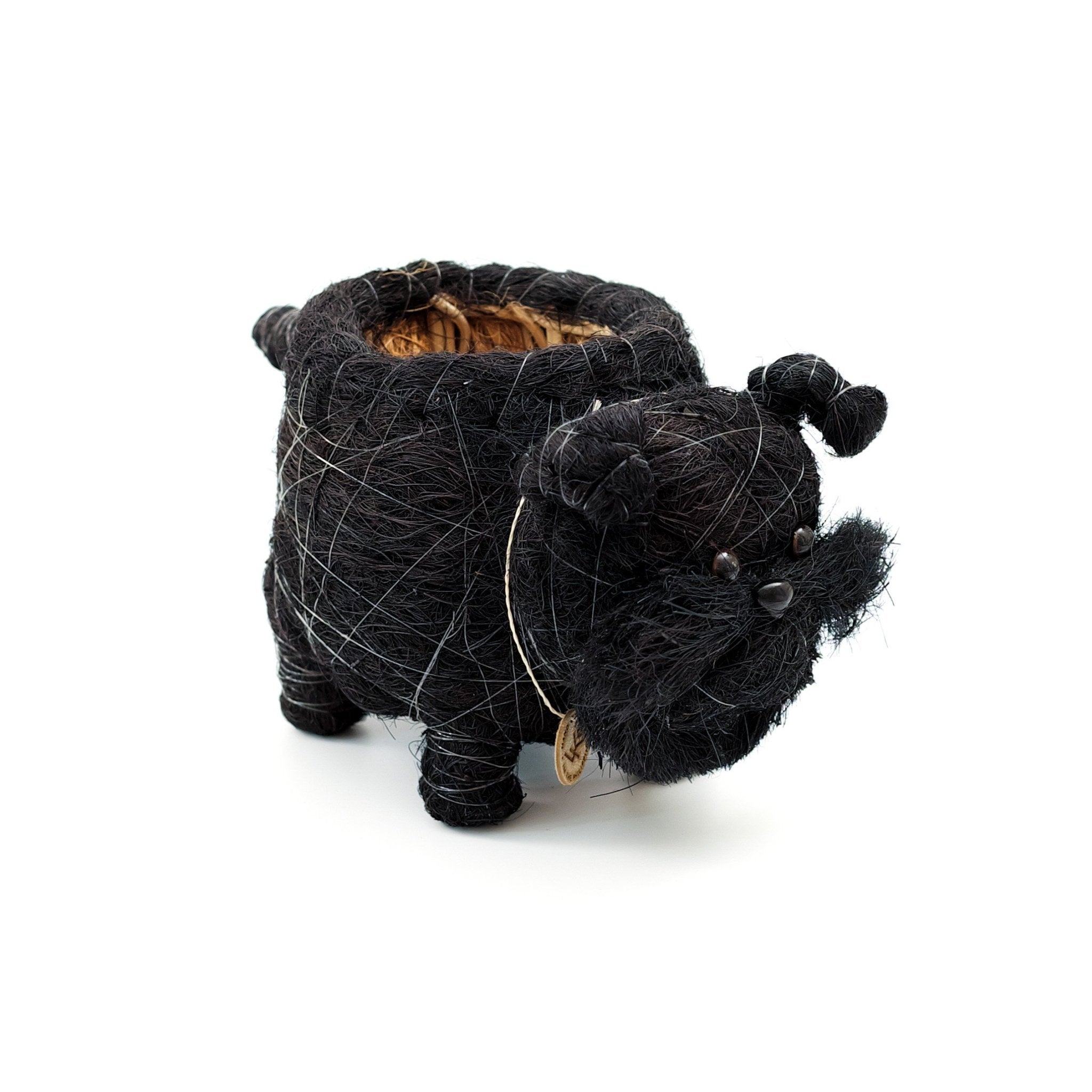Black felted animal-shaped planter on a white background