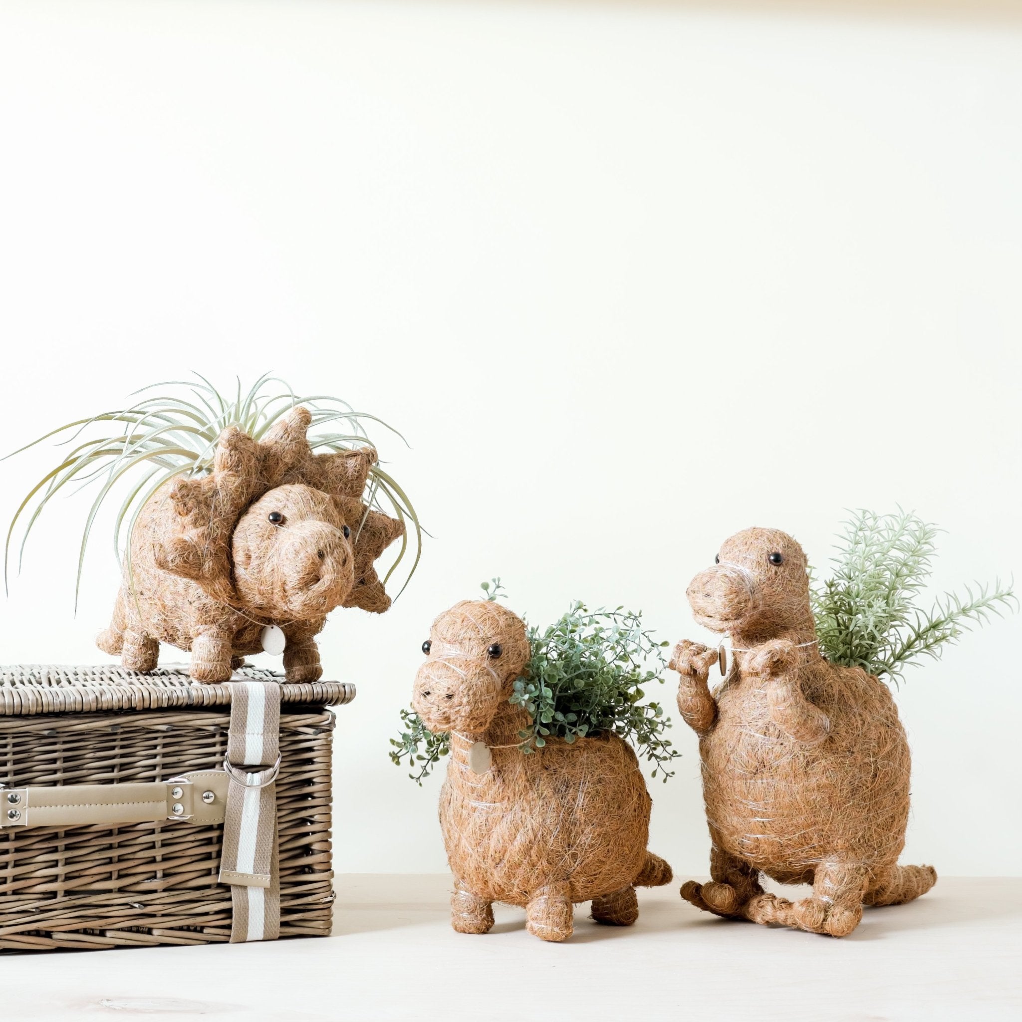 Three decorative dinosaur planters with plants on a white surface