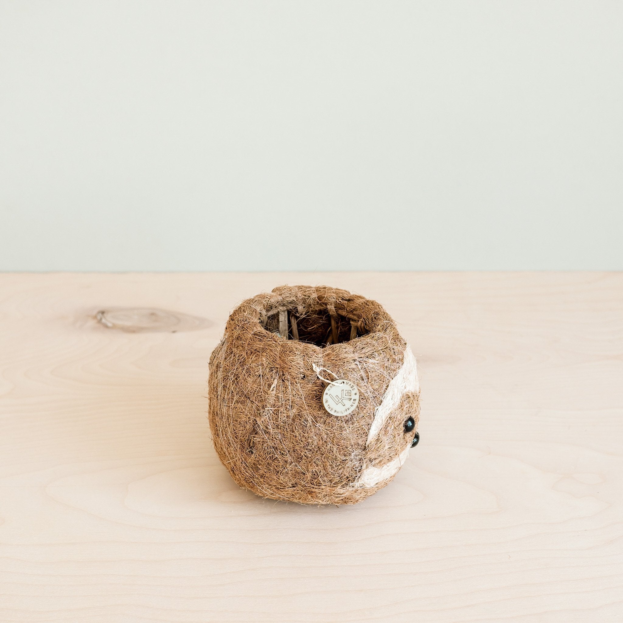 Coconut shell with a decorative pendant on a light beige surface