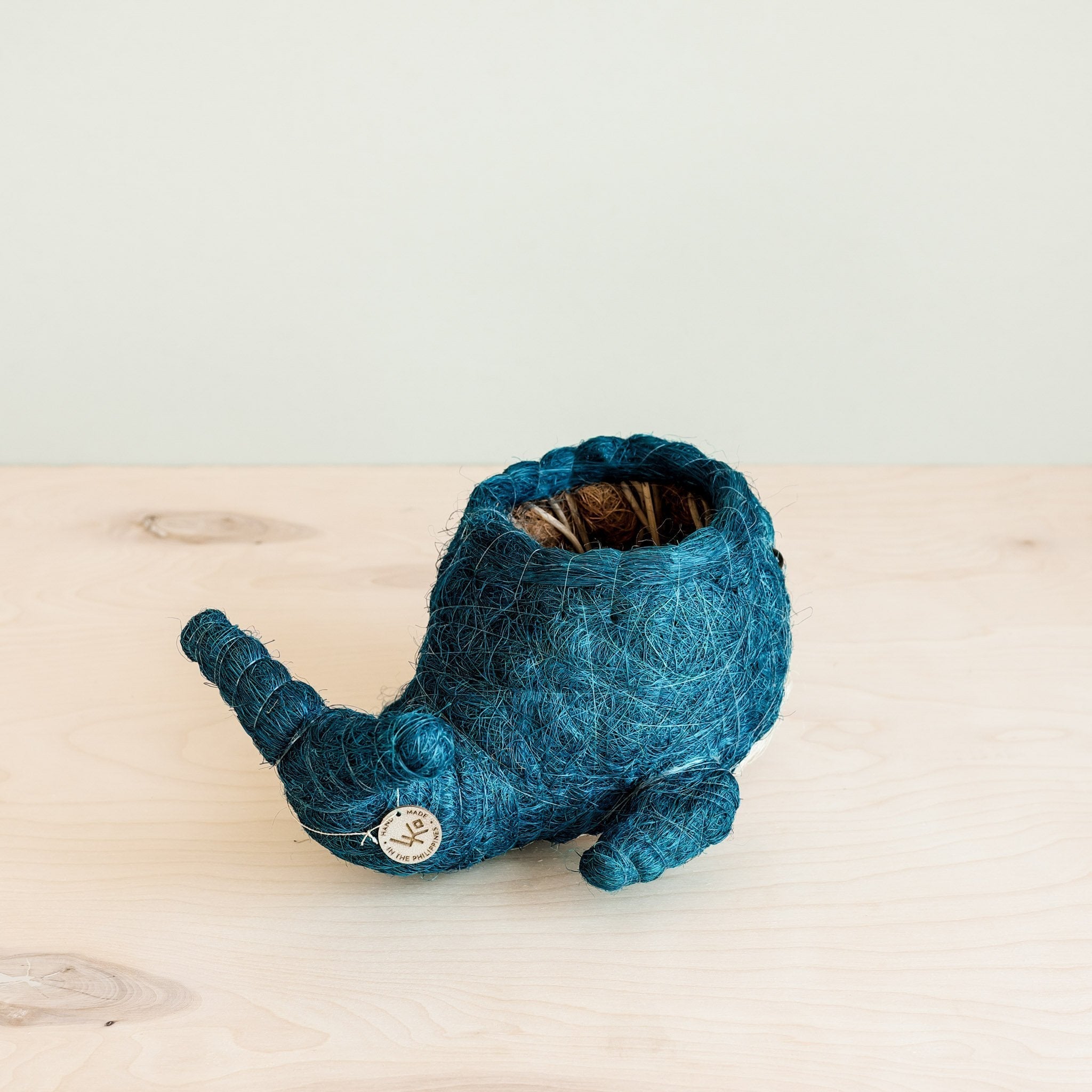 Blue textured plant pot shaped like a fish on a light wooden surface