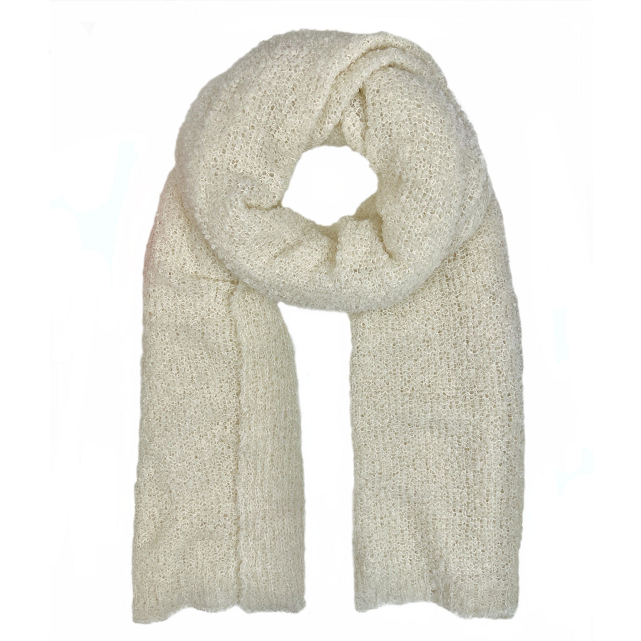 Beige knitted alpaca scarf on a white background