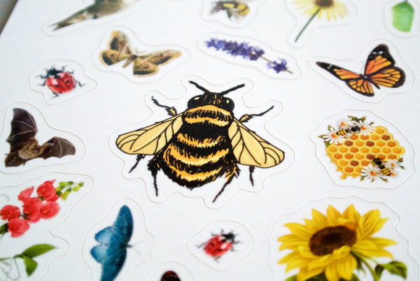 Matte vinyl pollinator stickers featuring bee and butterfly designs