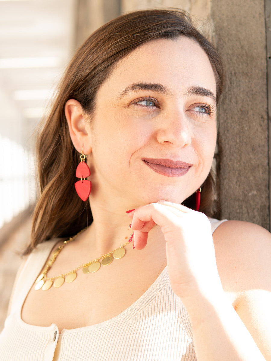 Fair Anita poppy dangle triangle earrings in vibrant red, ethically made by women artisans in India