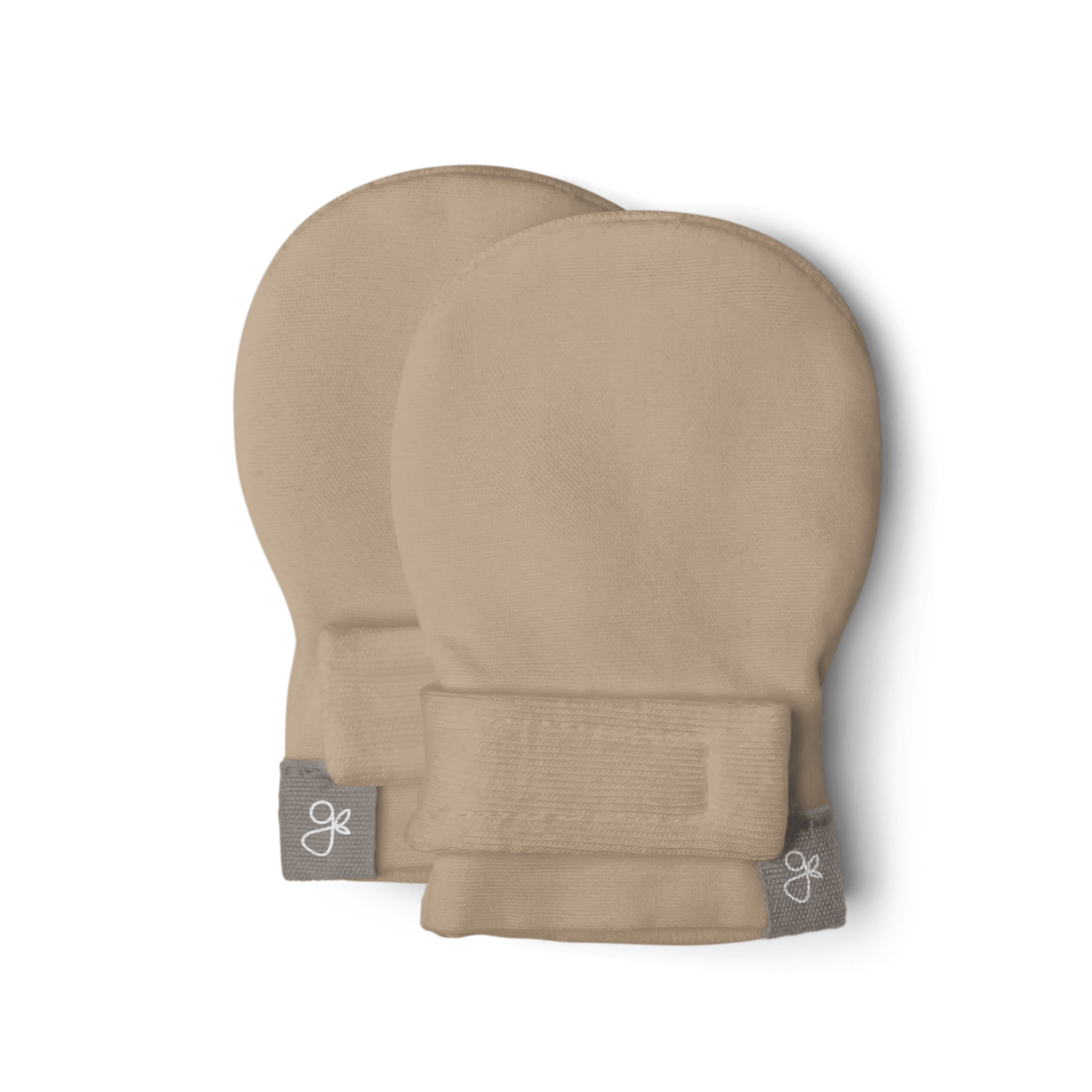 Pair of beige knee pads with a brand tag on a transparent background