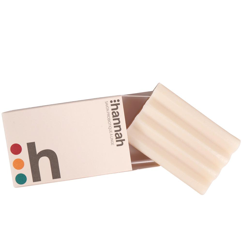 Close-up of hannah Probiotic Soap bar showing natural texture and coconut oil base