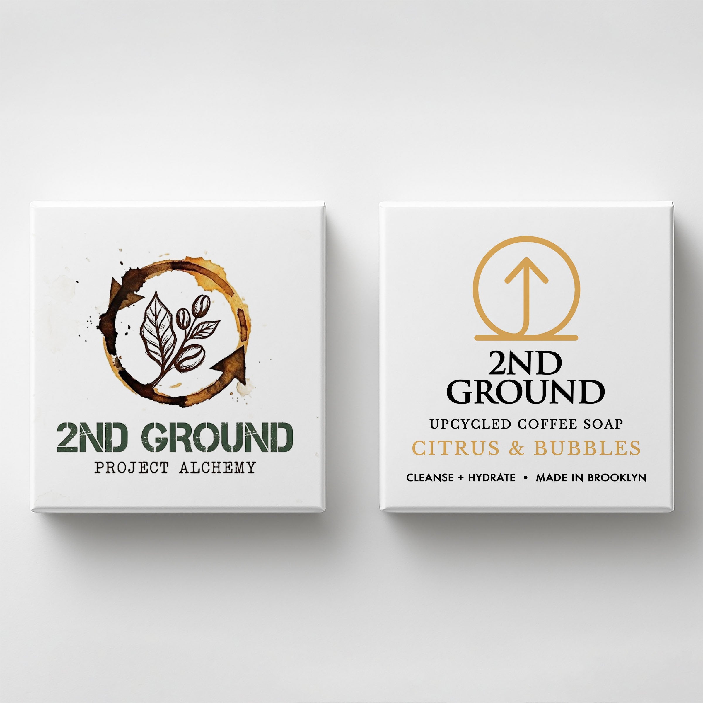 Two boxes of 2nd Ground upcycled coffee soap on a white background