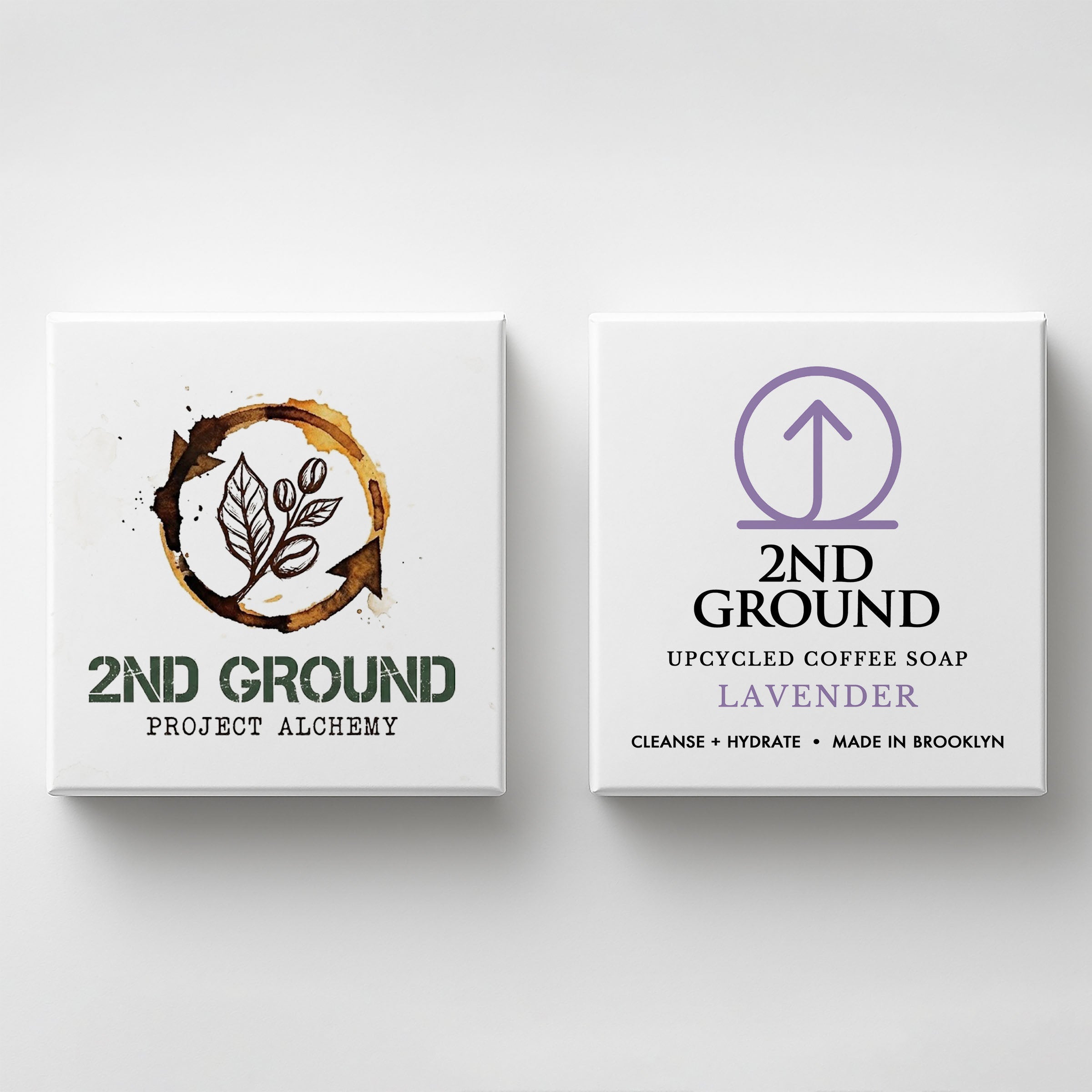 Two boxes of 2nd Ground upcycled coffee soap on a white background