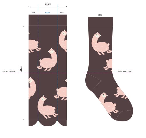 Sock with llama pattern and measurement chart on a white background. Discover our fun Pronk & Play Alpaca Socks, featuring a cheerful design for adults and kids. Made with a soft alpaca blend, these USA-designed socks are comfortable and durable. Shop now and add a little joy to your step.