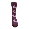 Maroon sock with white dog illustrations on a white background. Discover our fun Pronk & Play Alpaca Socks, featuring a cheerful design for adults and kids. Made with a soft alpaca blend, these USA-designed socks are comfortable and durable. Shop now and add a little joy to your step.