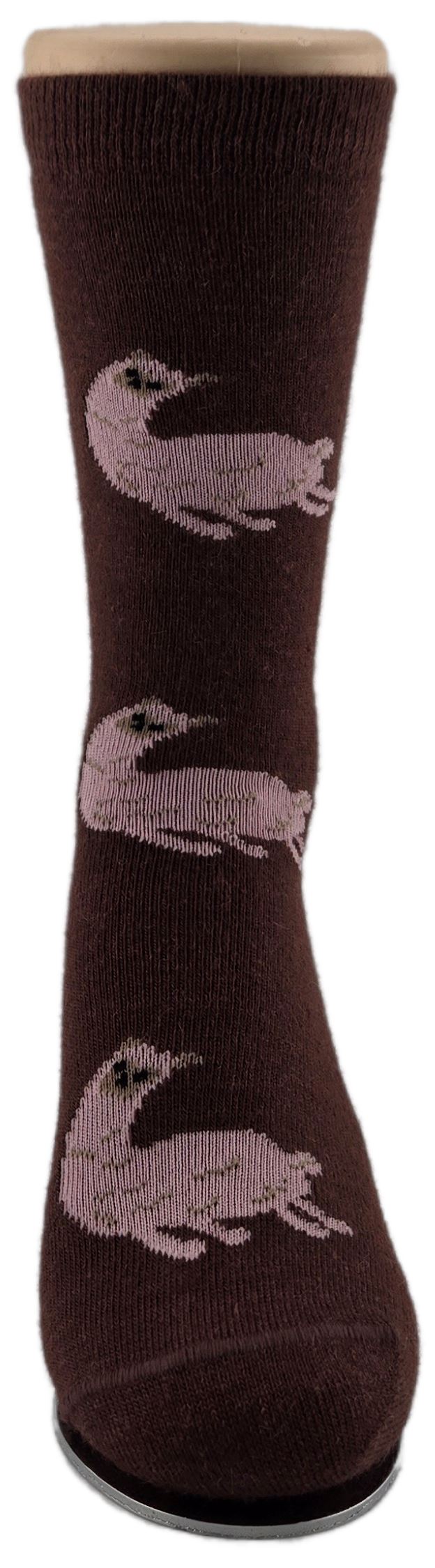 Brown sock with duck pattern on a white background. Discover our fun Pronk & Play Alpaca Socks, featuring a cheerful design for adults and kids. Made with a soft alpaca blend, these USA-designed socks are comfortable and durable. Shop now and add a little joy to your step.