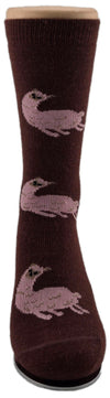 Brown sock with duck pattern on a white background. Discover our fun Pronk & Play Alpaca Socks, featuring a cheerful design for adults and kids. Made with a soft alpaca blend, these USA-designed socks are comfortable and durable. Shop now and add a little joy to your step.