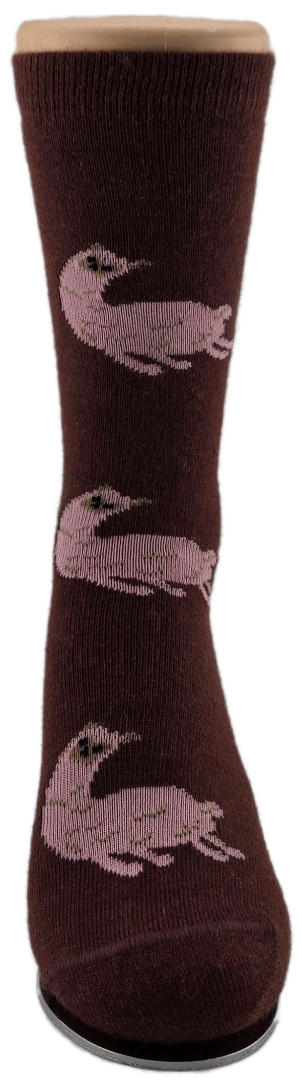 Brown sock with duck pattern on a white background. Discover our fun Pronk & Play Alpaca Socks, featuring a cheerful design for adults and kids. Made with a soft alpaca blend, these USA-designed socks are comfortable and durable. Shop now and add a little joy to your step.