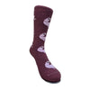 Maroon sock with white bird pattern on a white background. Discover our fun Pronk & Play Alpaca Socks, featuring a cheerful design for adults and kids. Made with a soft alpaca blend, these USA-designed socks are comfortable and durable. Shop now and add a little joy to your step.