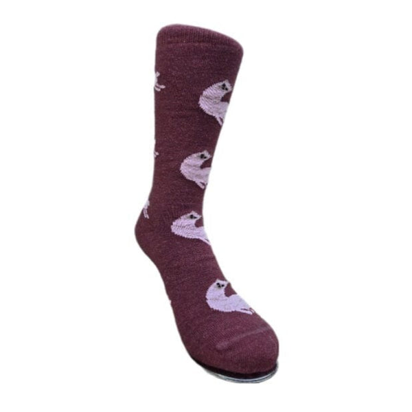 Maroon sock with white bird pattern on a white background. Discover our fun Pronk & Play Alpaca Socks, featuring a cheerful design for adults and kids. Made with a soft alpaca blend, these USA-designed socks are comfortable and durable. Shop now and add a little joy to your step.