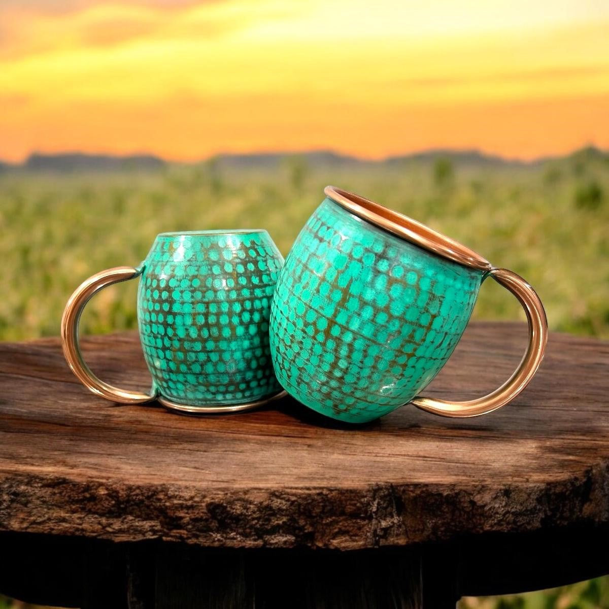 Set of Two Copper Barrel Mugs, Hammered and Mint Patina