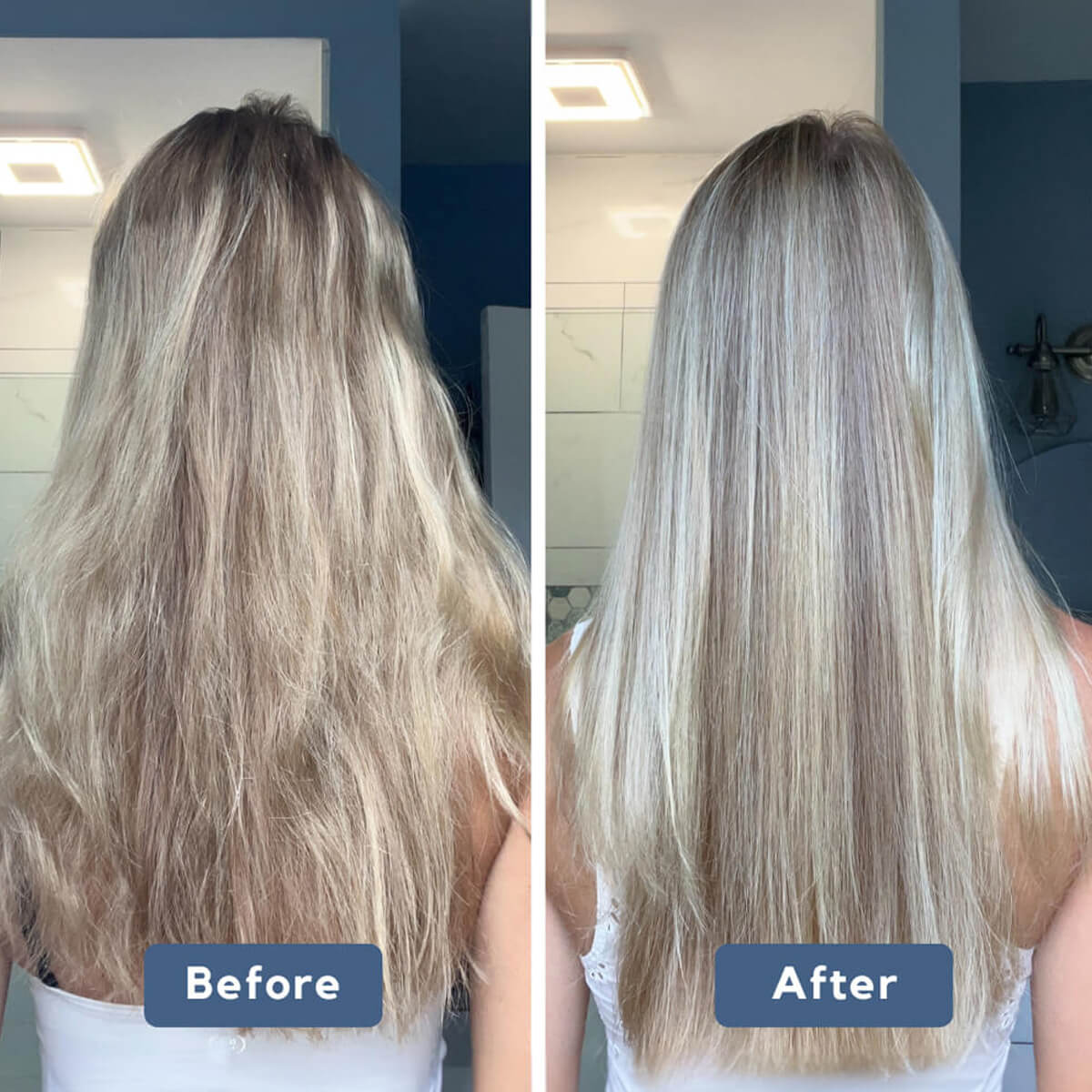 Lifestyle shot of Clara using Plaine Products Purple Shampoo on blonde hair