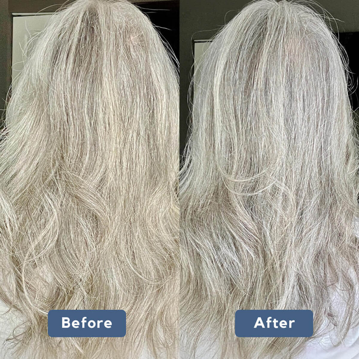 Lifestyle shot of Debbie using Plaine Products Purple Shampoo on grey hair