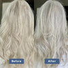 Lifestyle shot of Debbie using Plaine Products Purple Shampoo on grey hair